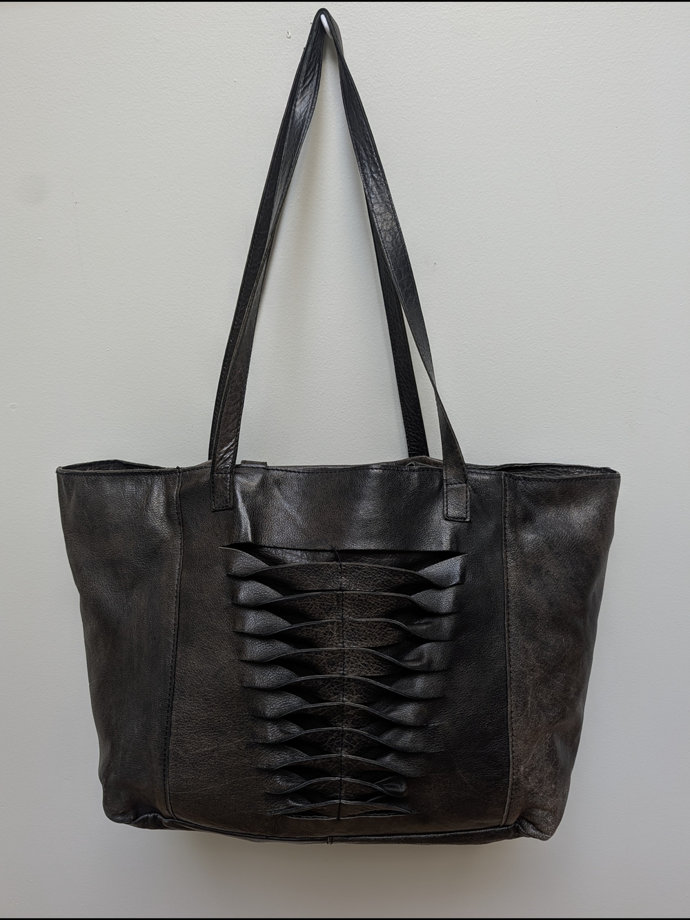 Vintage Latico NJ-USA Large Leather Tote | Black/Brown | Woven Front